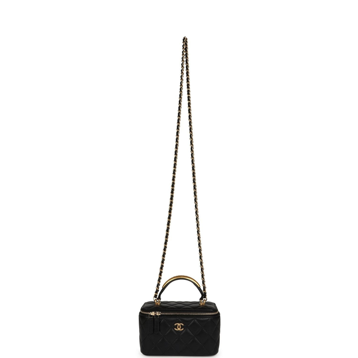 Chanel Small Top Handle Vanity Case with Chain Black Lambskin Antique Gold Hardware