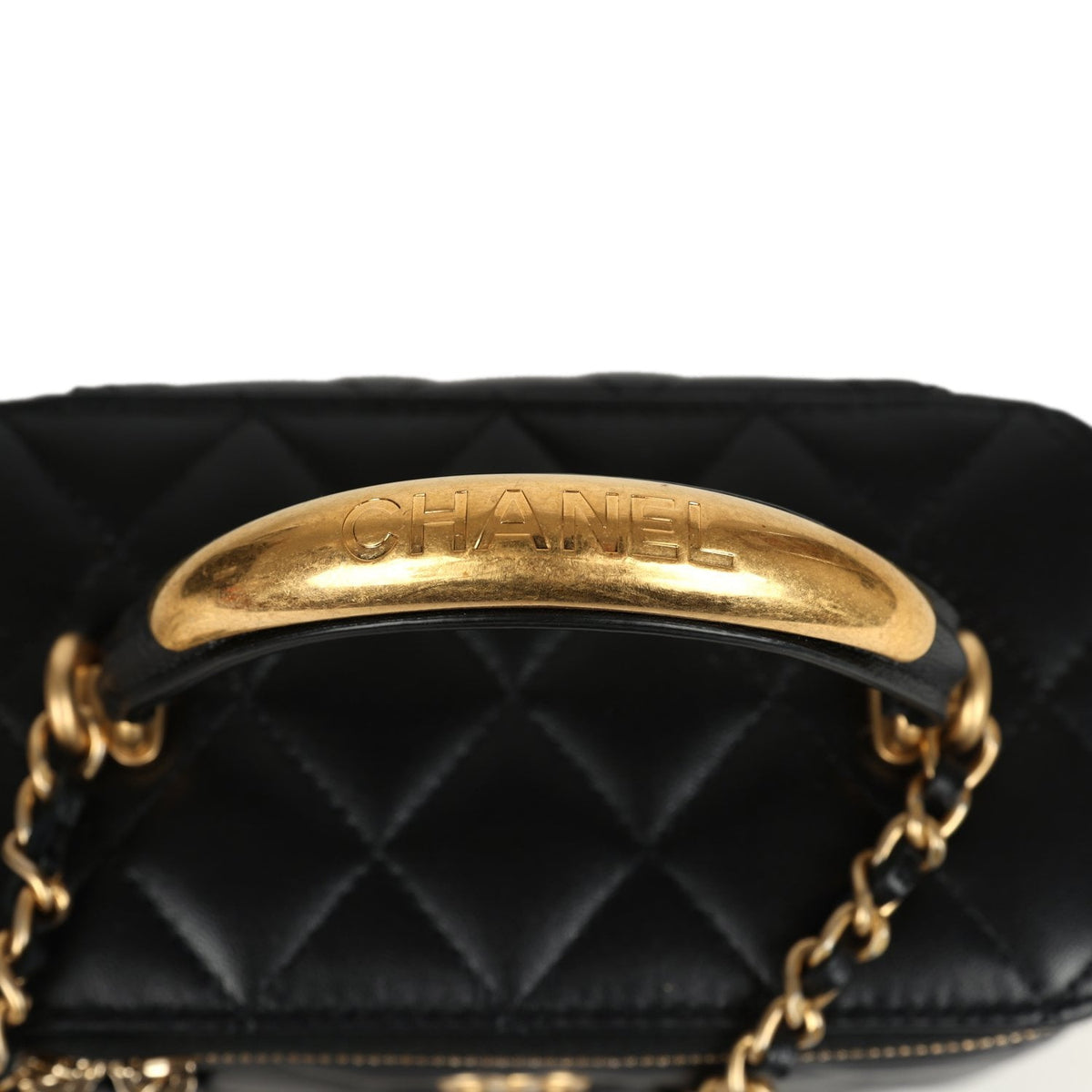 Chanel Small Top Handle Vanity Case with Chain Black Lambskin Antique Gold Hardware