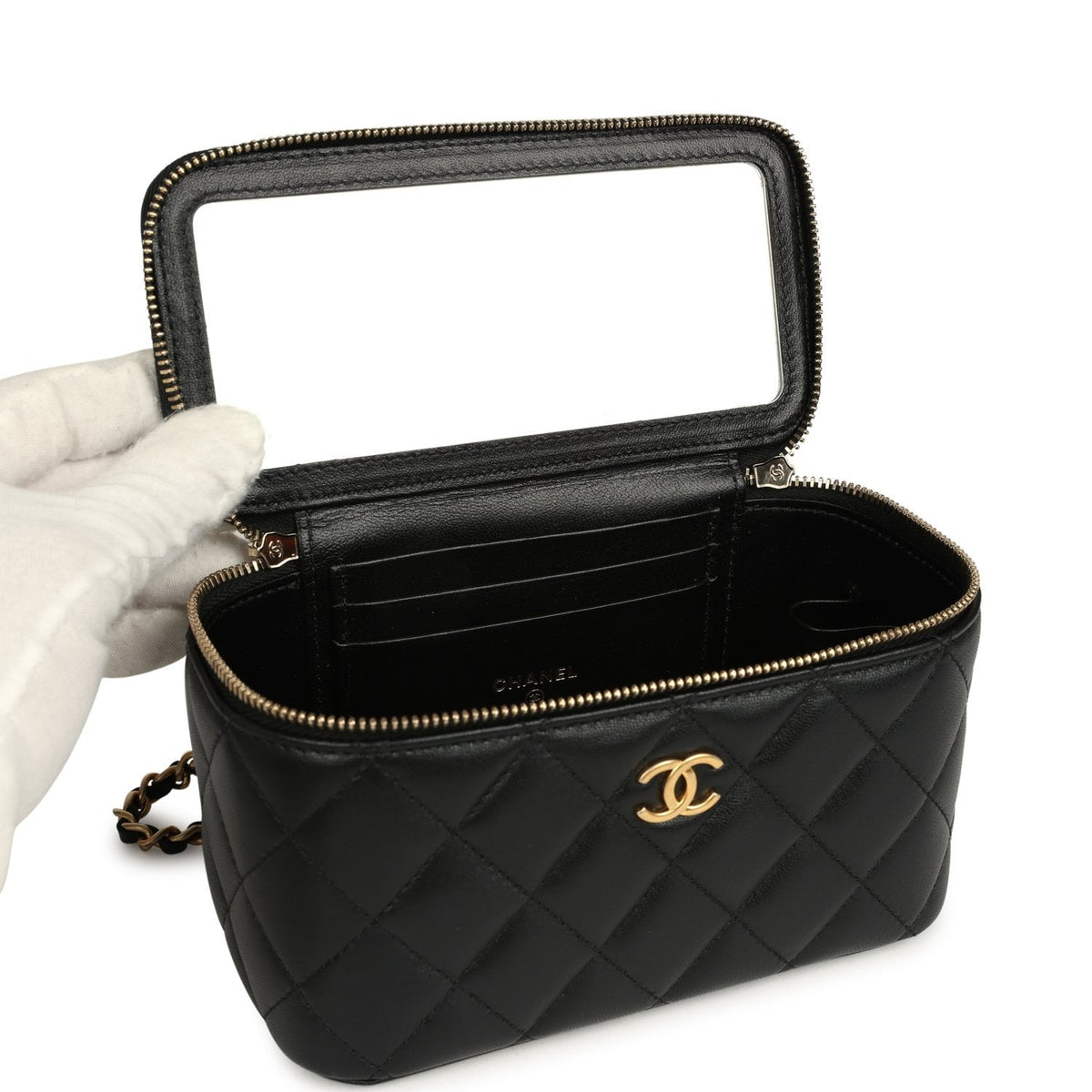 Chanel Small Top Handle Vanity Case with Chain Black Lambskin Antique Gold Hardware