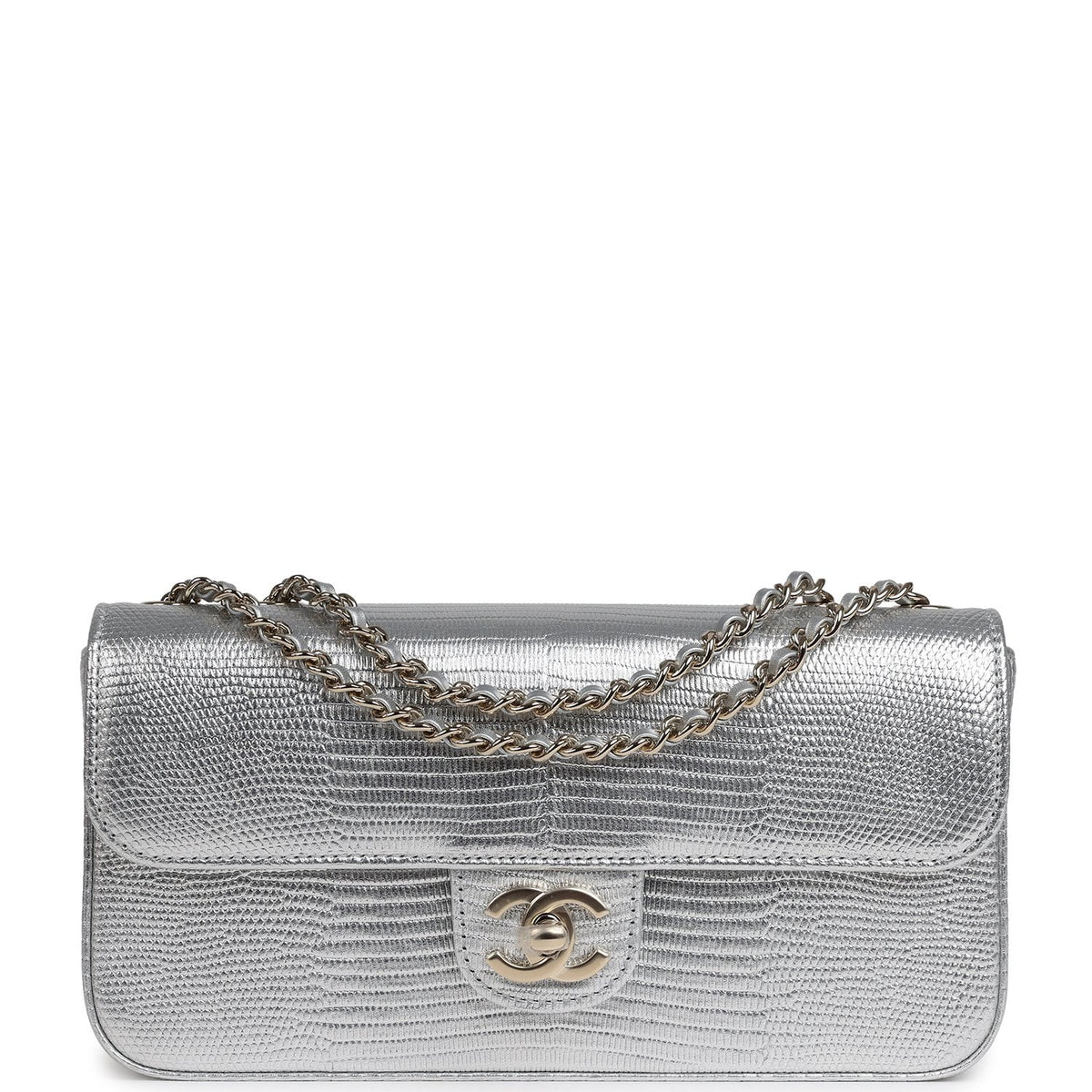 Chanel East West Flap Bag Silver Metallic Lizard Embossed Calfskin Light Gold Hardware