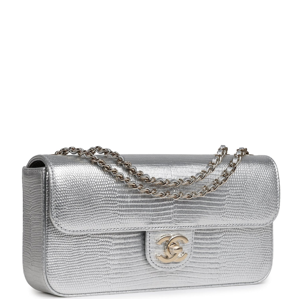 Chanel East West Flap Bag Silver Metallic Lizard Embossed Calfskin Light Gold Hardware