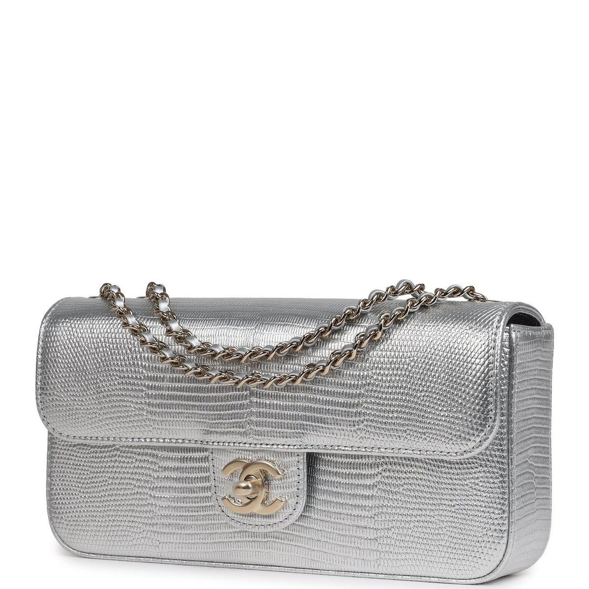 Chanel East West Flap Bag Silver Metallic Lizard Embossed Calfskin Light Gold Hardware