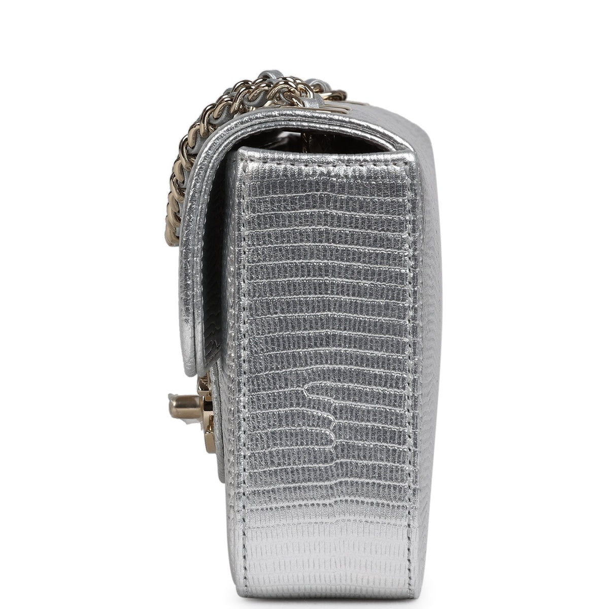 Chanel East West Flap Bag Silver Metallic Lizard Embossed Calfskin Light Gold Hardware
