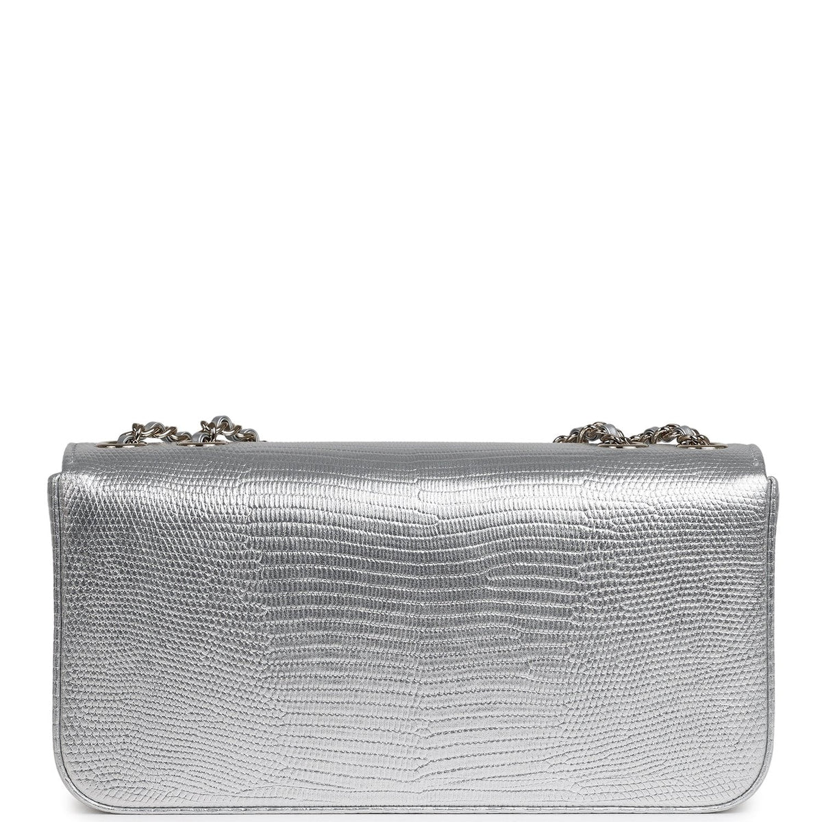 Chanel East West Flap Bag Silver Metallic Lizard Embossed Calfskin Light Gold Hardware