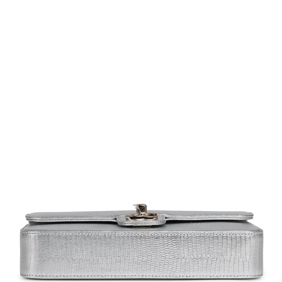 Chanel East West Flap Bag Silver Metallic Lizard Embossed Calfskin Light Gold Hardware