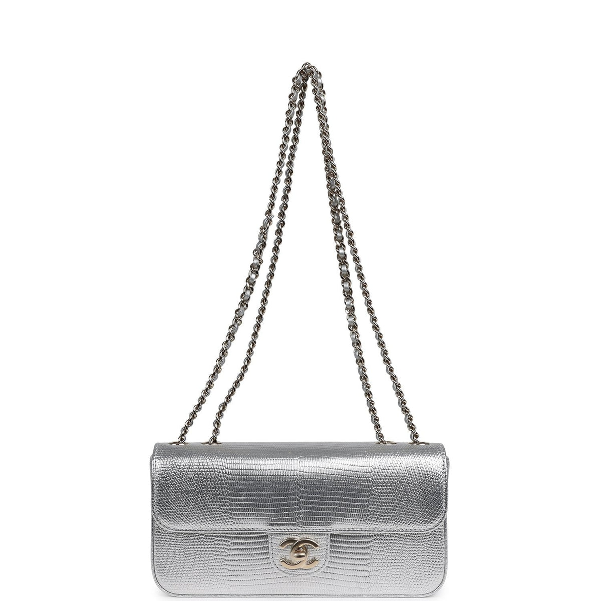 Chanel East West Flap Bag Silver Metallic Lizard Embossed Calfskin Light Gold Hardware