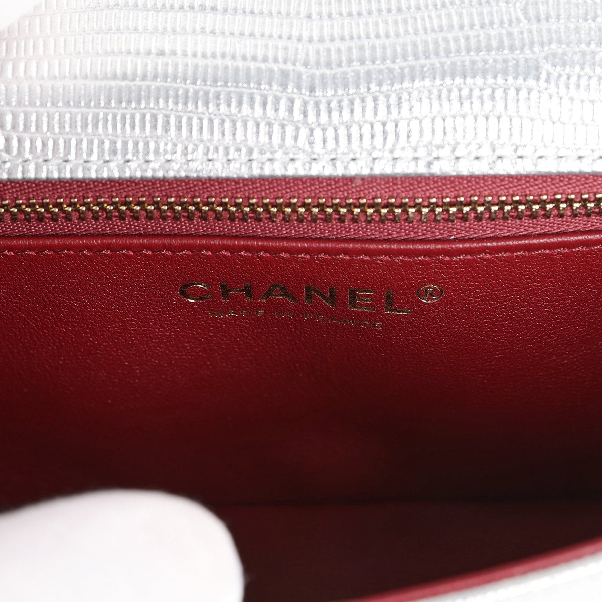 Chanel East West Flap Bag Silver Metallic Lizard Embossed Calfskin Light Gold Hardware