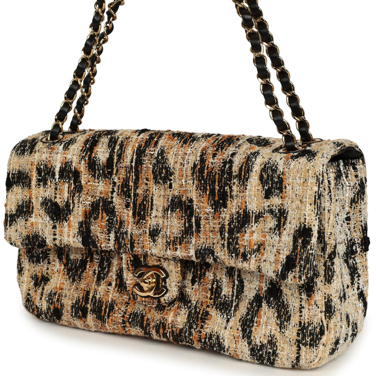 Chanel Maxi Leopard Print "Souplissimo" Small Flap Bag Brown, Black, White Tweed, Mixed Fibers Gold Hardware
