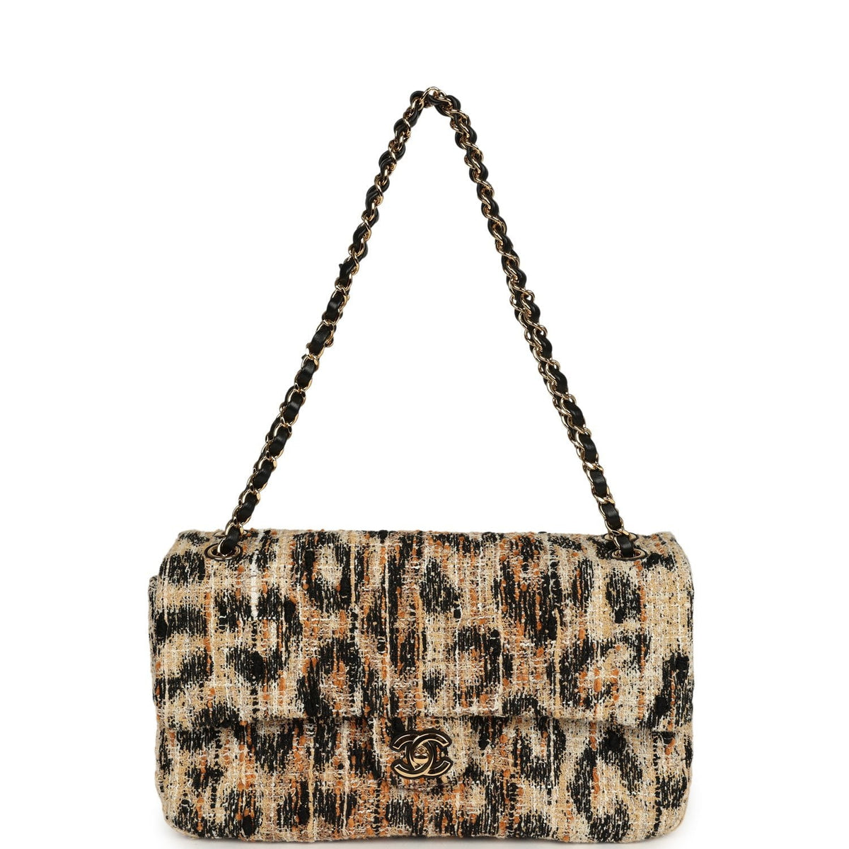 Chanel Maxi Leopard Print "Souplissimo" Small Flap Bag Brown, Black, White Tweed, Mixed Fibers Gold Hardware