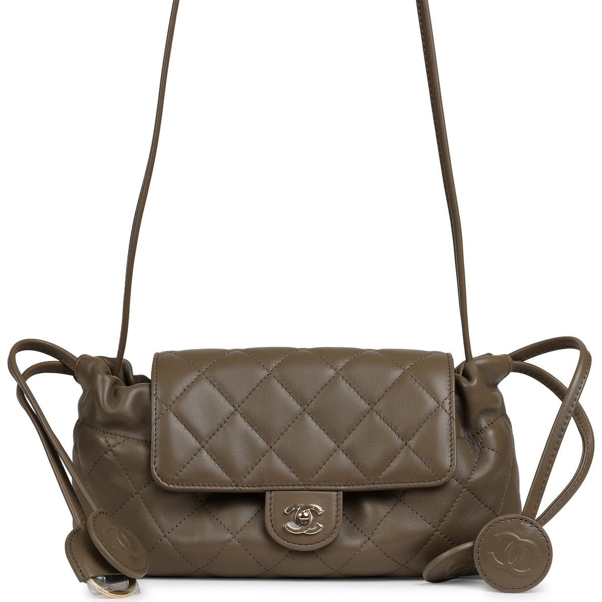 Chanel Drawstring Flap Bag with Leather Strap Dark Khaki Lambskin Gold Hardware