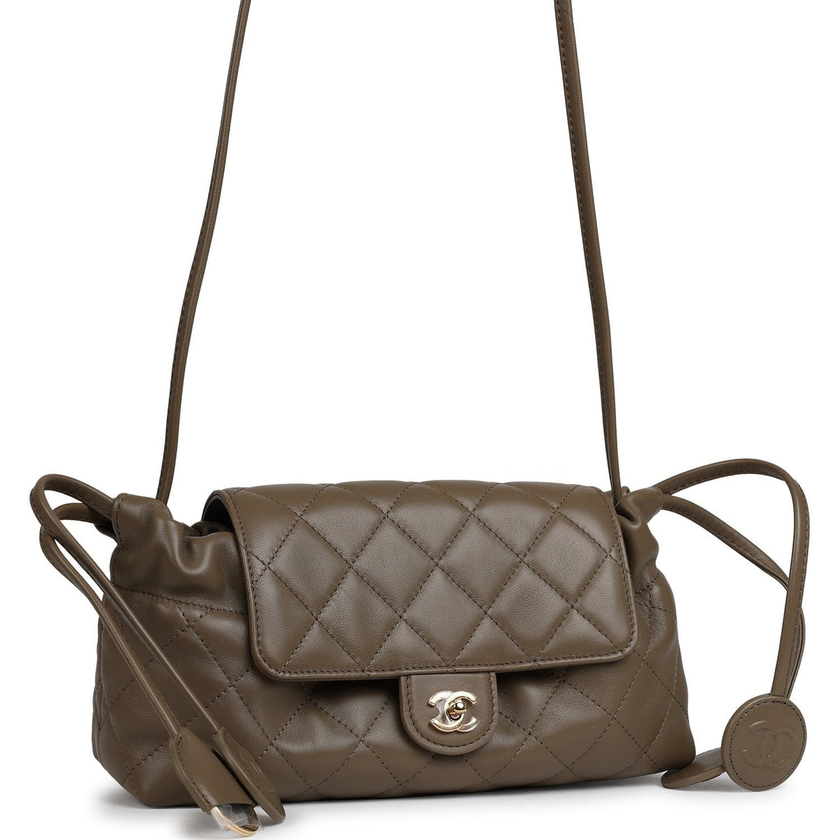 Chanel Drawstring Flap Bag with Leather Strap Dark Khaki Lambskin Gold Hardware