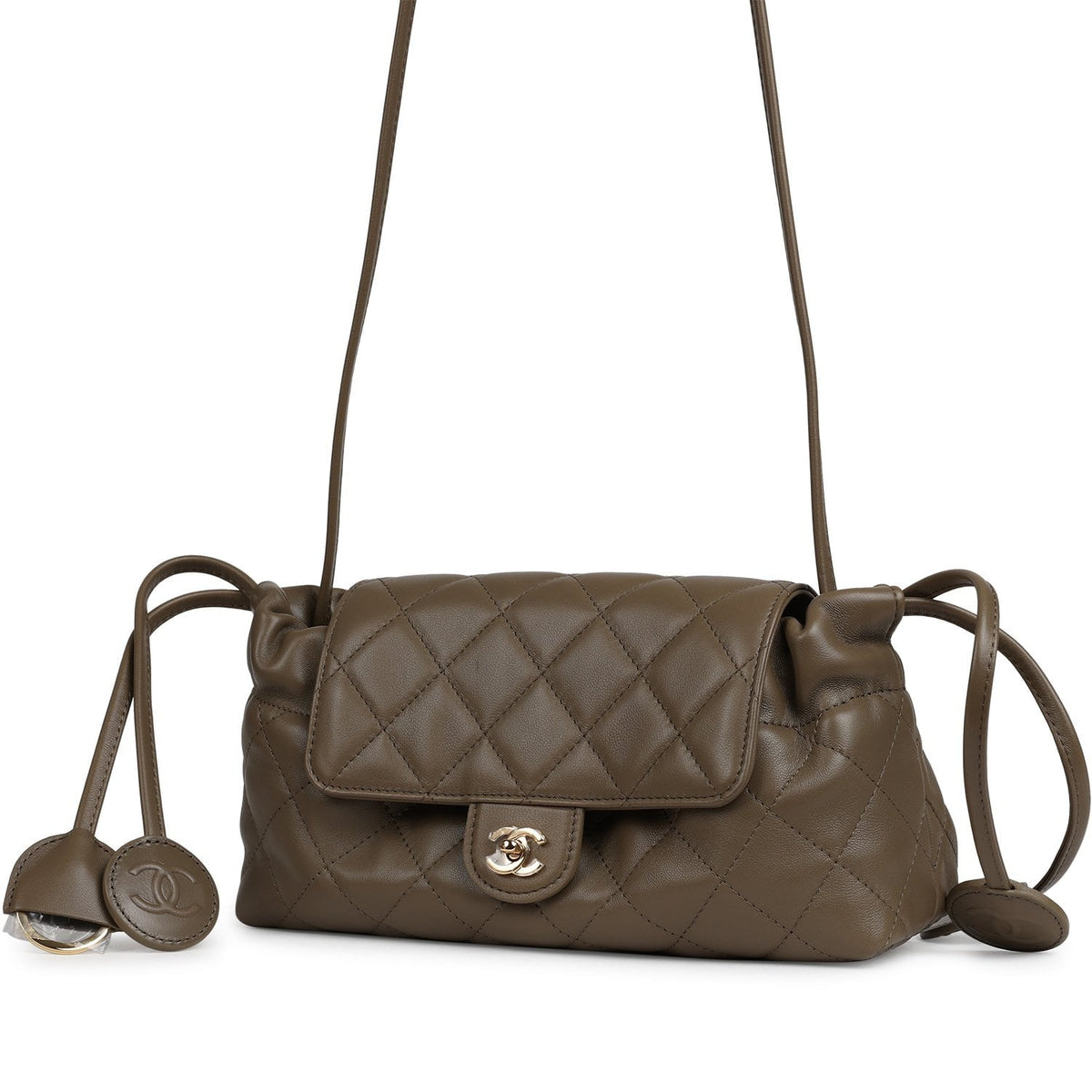 Chanel Drawstring Flap Bag with Leather Strap Dark Khaki Lambskin Gold Hardware