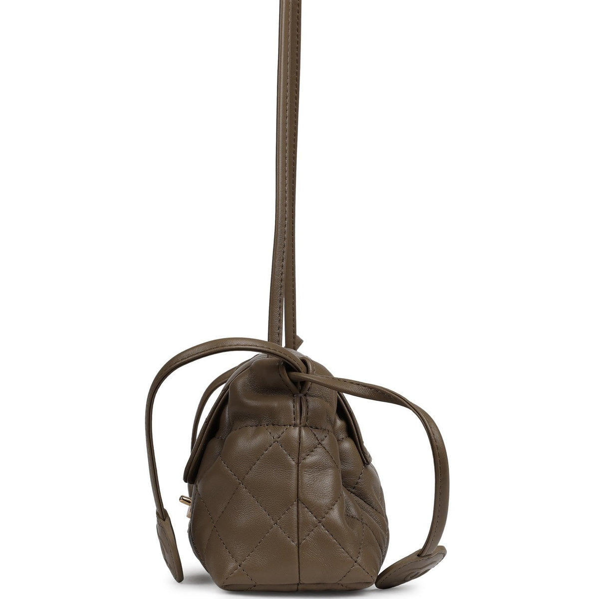 Chanel Drawstring Flap Bag with Leather Strap Dark Khaki Lambskin Gold Hardware