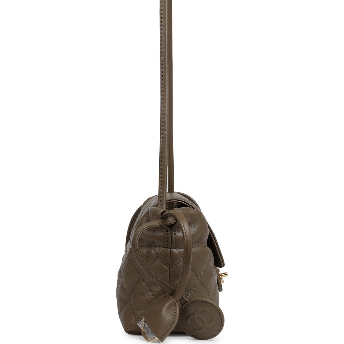 Chanel Drawstring Flap Bag with Leather Strap Dark Khaki Lambskin Gold Hardware