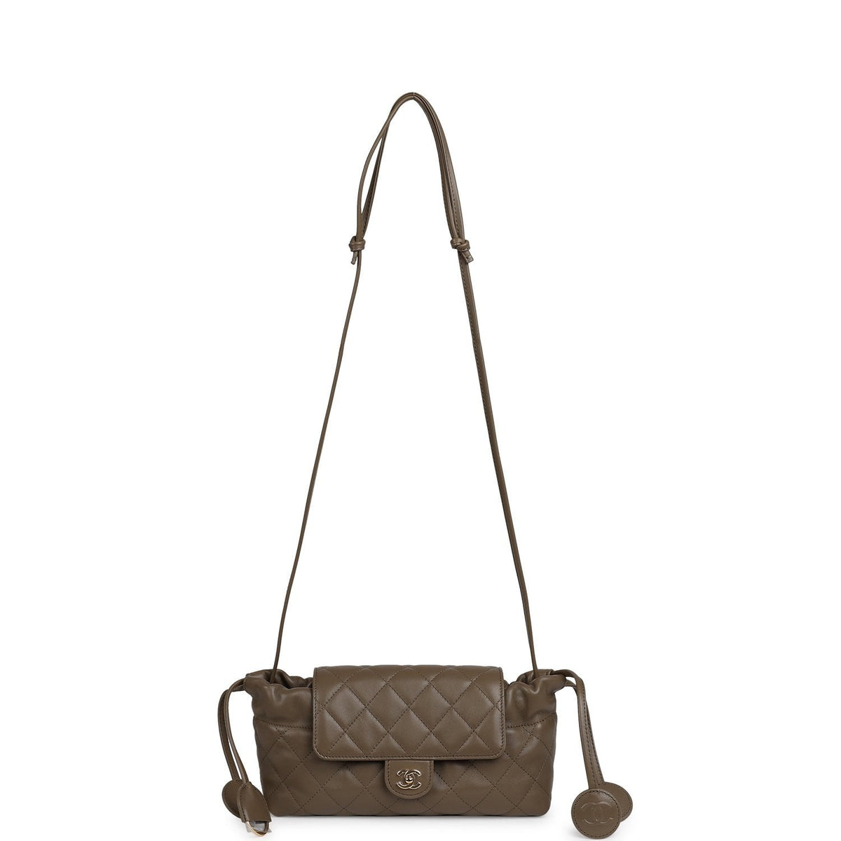 Chanel Drawstring Flap Bag with Leather Strap Dark Khaki Lambskin Gold Hardware