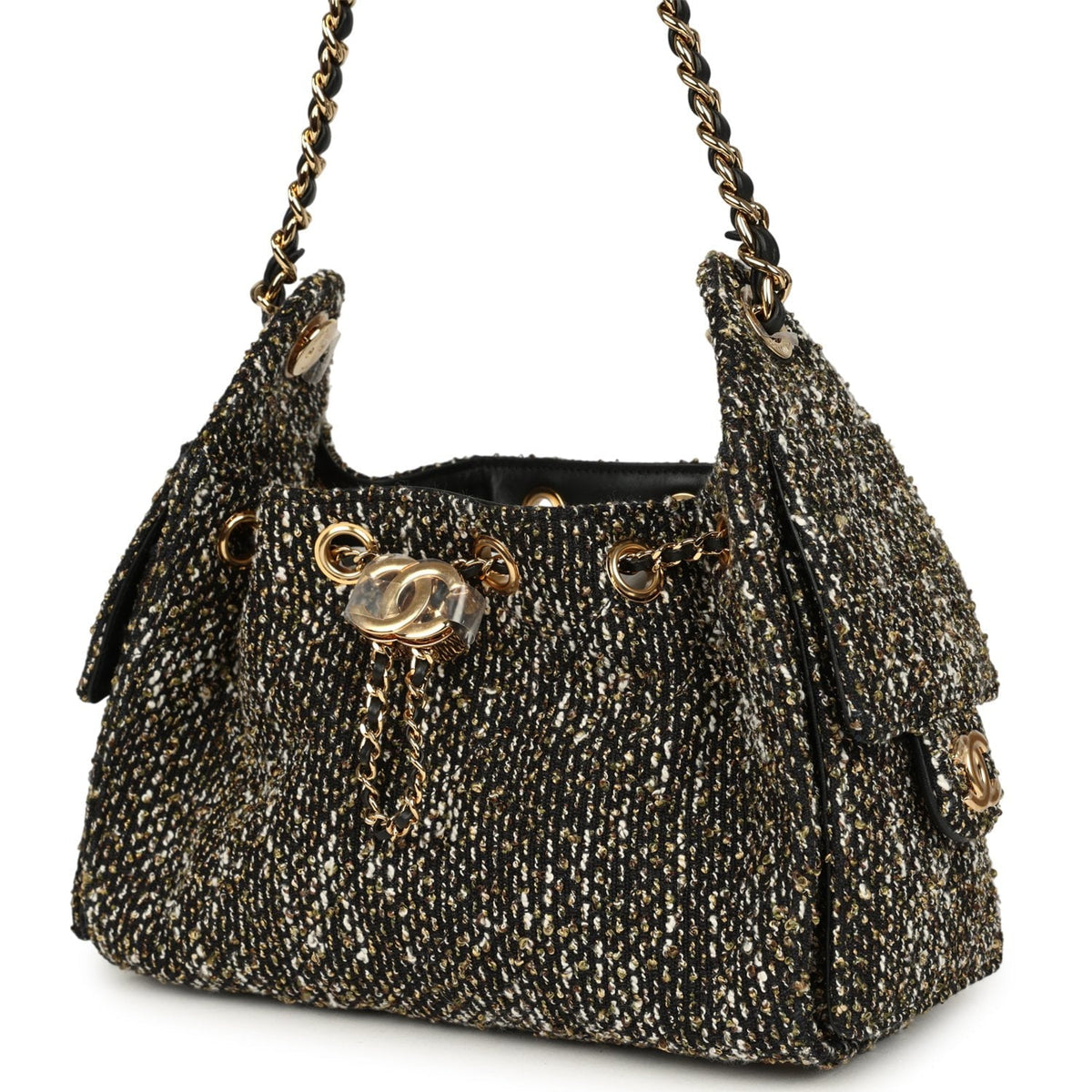 Chanel Mini 25 Hobo Bag Black, White, Gold Tweed Boucle Gold Hardware