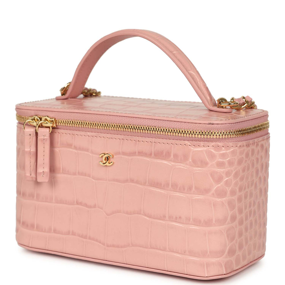 Chanel Small Top Handle Vanity Case Light Pink Croc Embossed Calfskin Gold Hardware