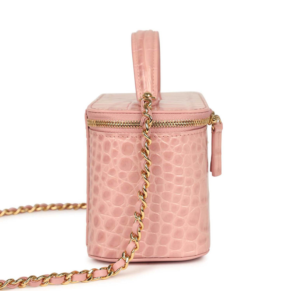 Chanel Small Top Handle Vanity Case Light Pink Croc Embossed Calfskin Gold Hardware