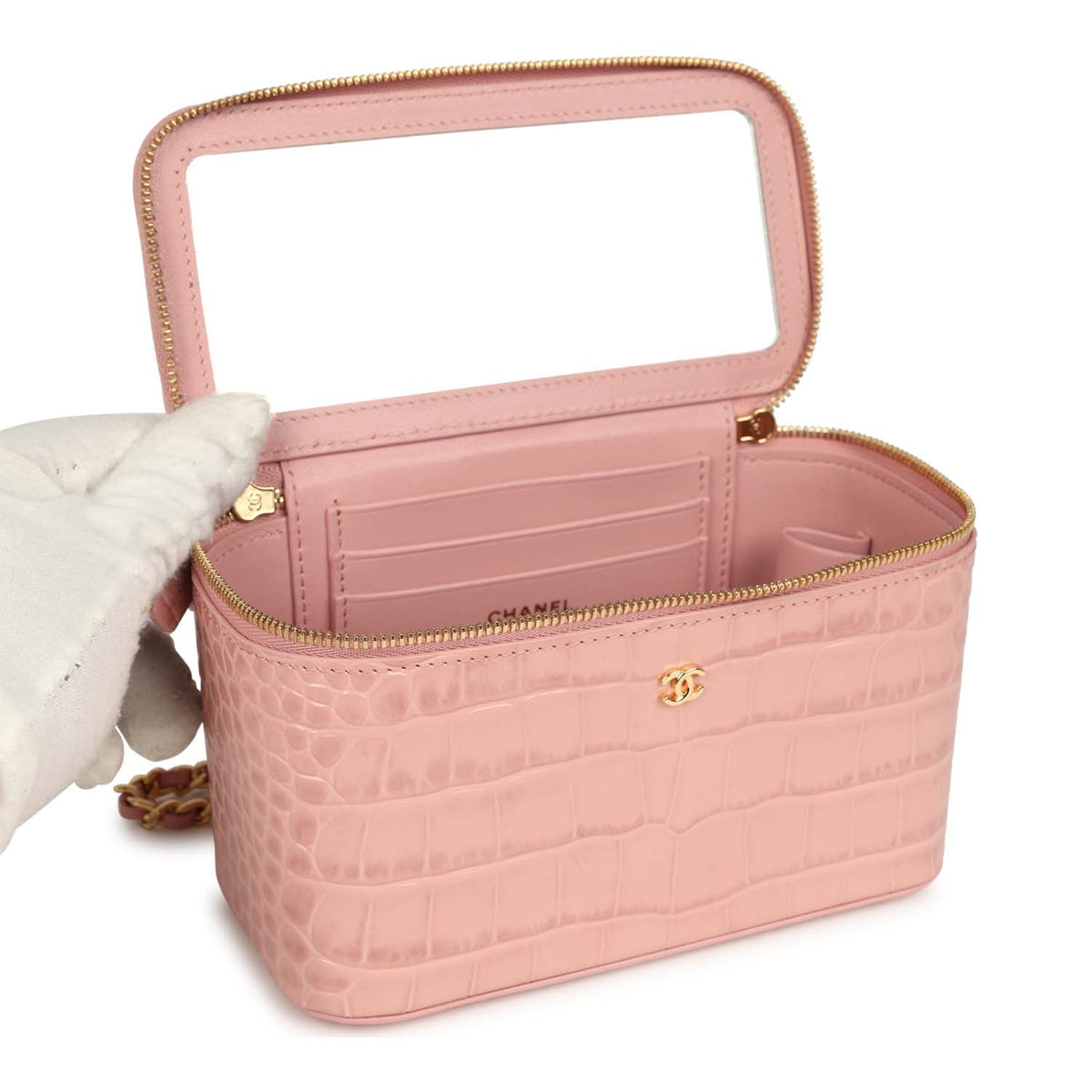 Chanel Small Top Handle Vanity Case Light Pink Croc Embossed Calfskin Gold Hardware