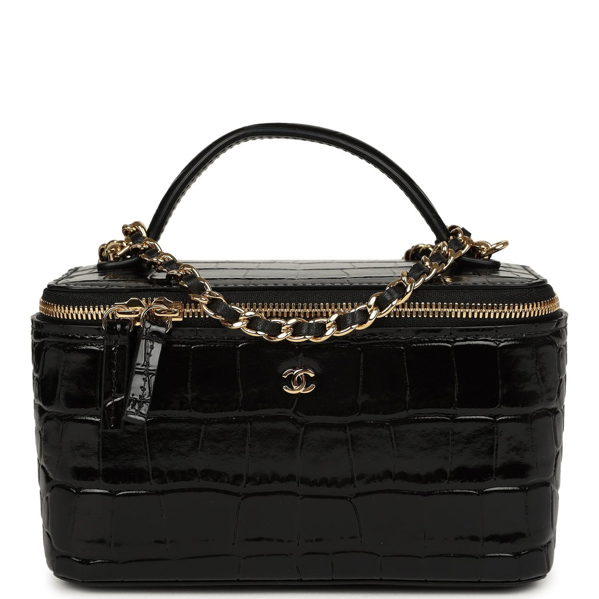 Chanel Small Top Handle Vanity Case Black Croc Embossed Calfskin Gold Hardware