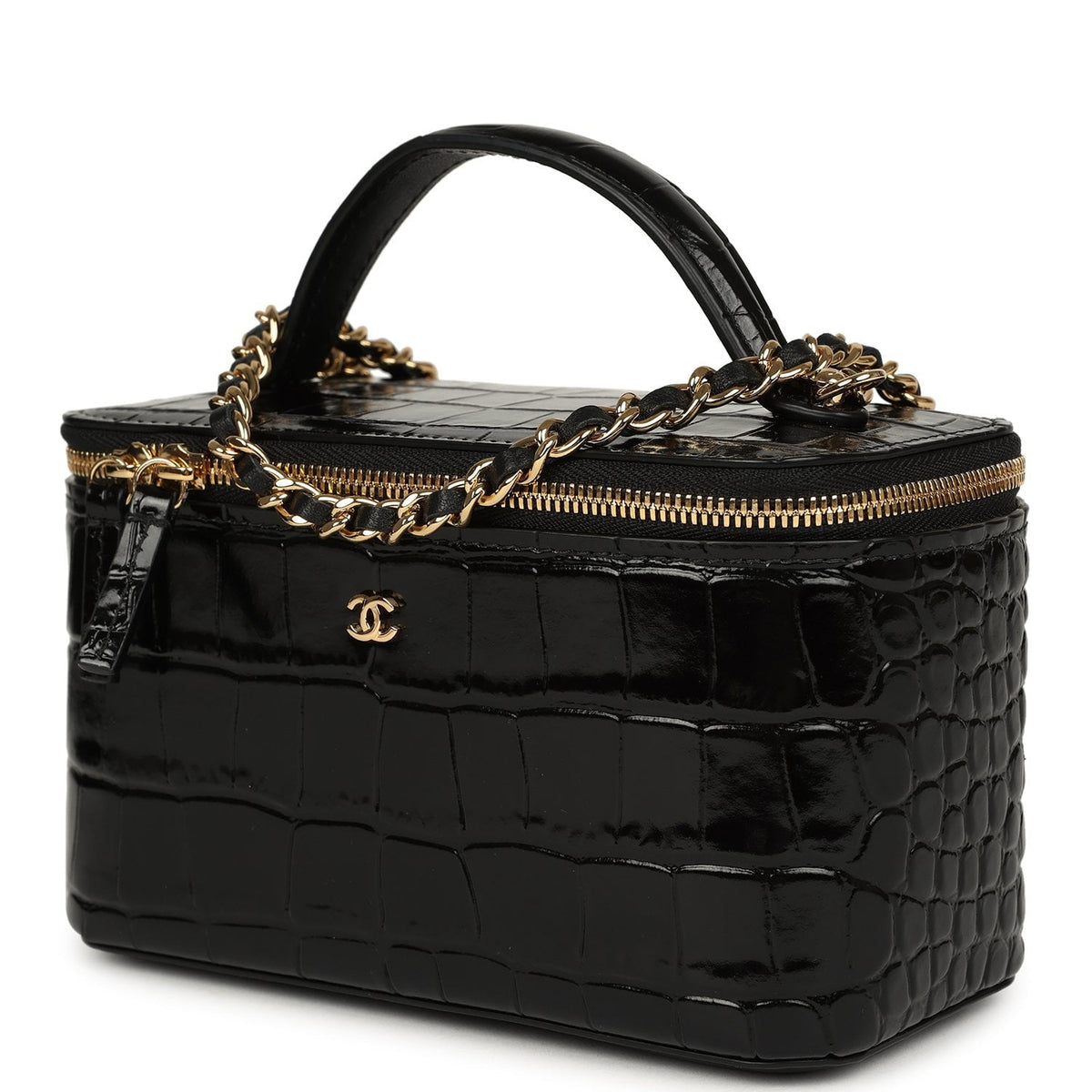 Chanel Small Top Handle Vanity Case Black Croc Embossed Calfskin Gold Hardware