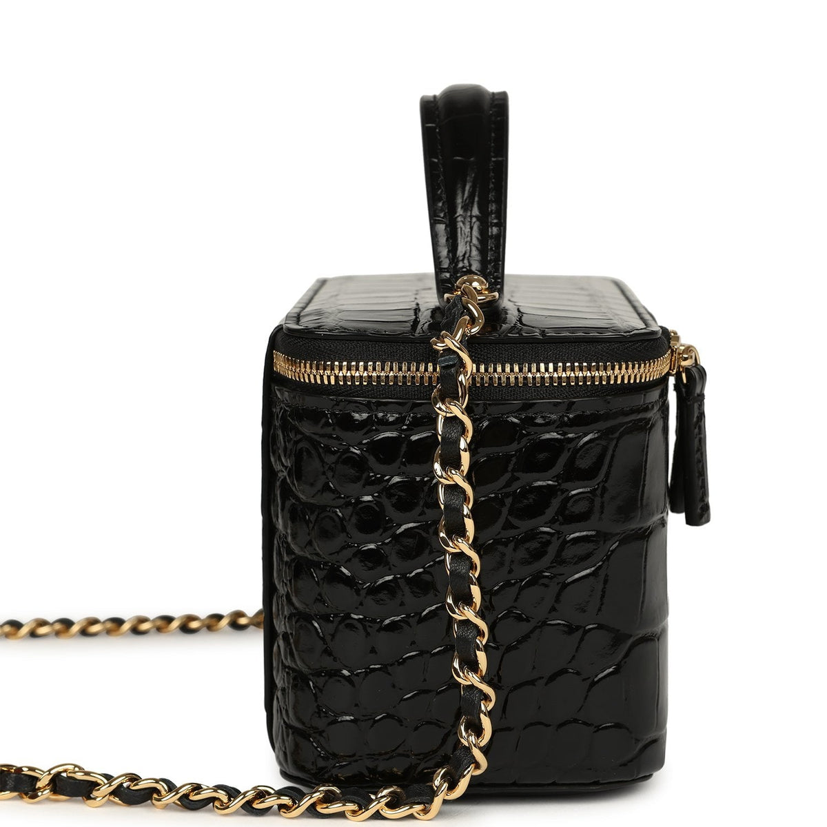 Chanel Small Top Handle Vanity Case Black Croc Embossed Calfskin Gold Hardware