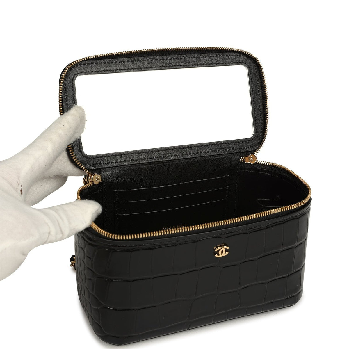 Chanel Small Top Handle Vanity Case Black Croc Embossed Calfskin Gold Hardware