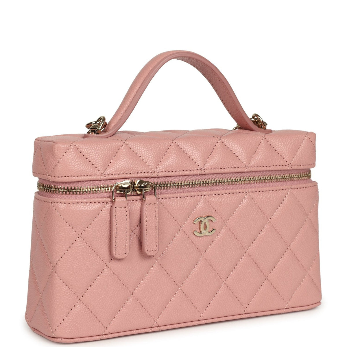 Chanel Top Handle Long Vanity Case with Chain Pink Caviar Light Gold Hardware