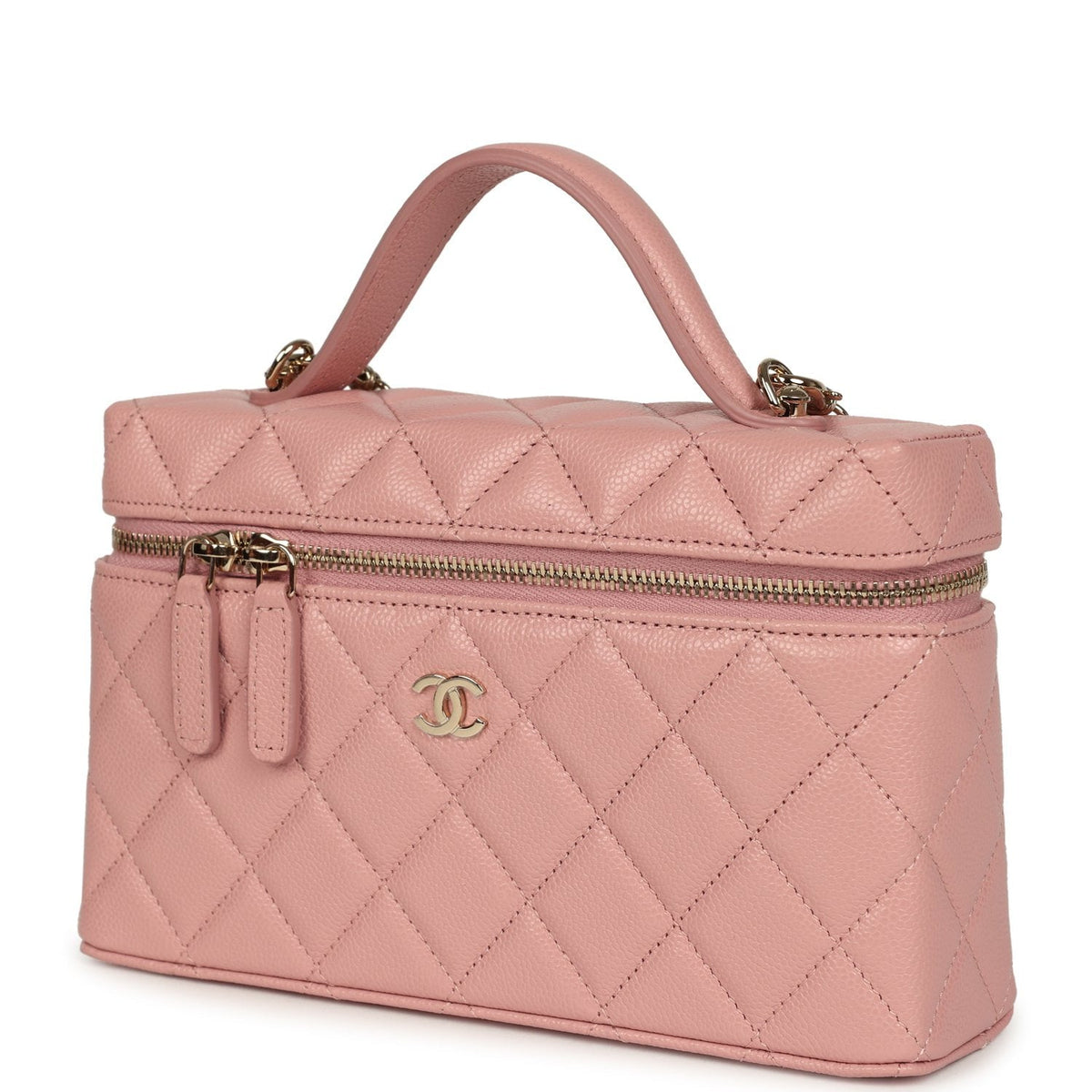 Chanel Top Handle Long Vanity Case with Chain Pink Caviar Light Gold Hardware