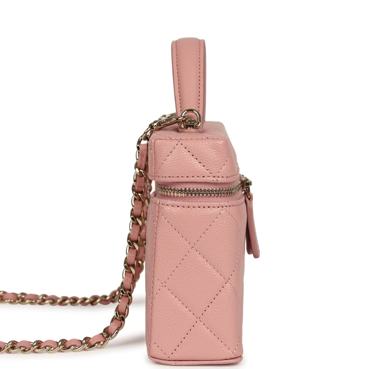 Chanel Top Handle Long Vanity Case with Chain Pink Caviar Light Gold Hardware