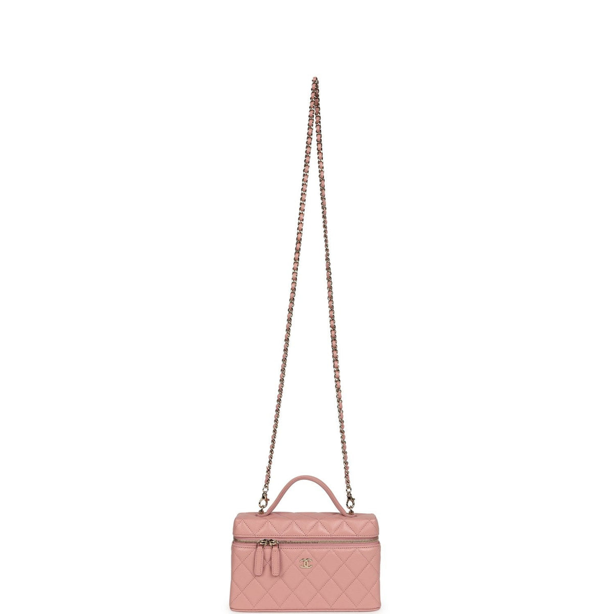 Chanel Top Handle Long Vanity Case with Chain Pink Caviar Light Gold Hardware