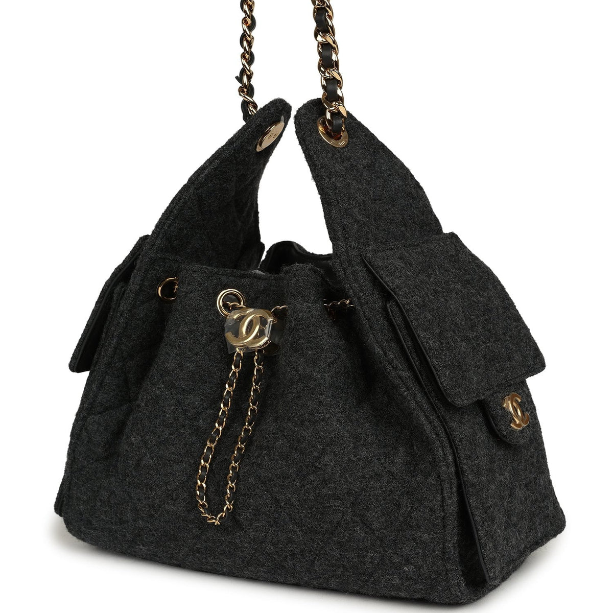 Chanel Small 25 Hobo Bag Dark Grey Wool Felt Gold Hardware