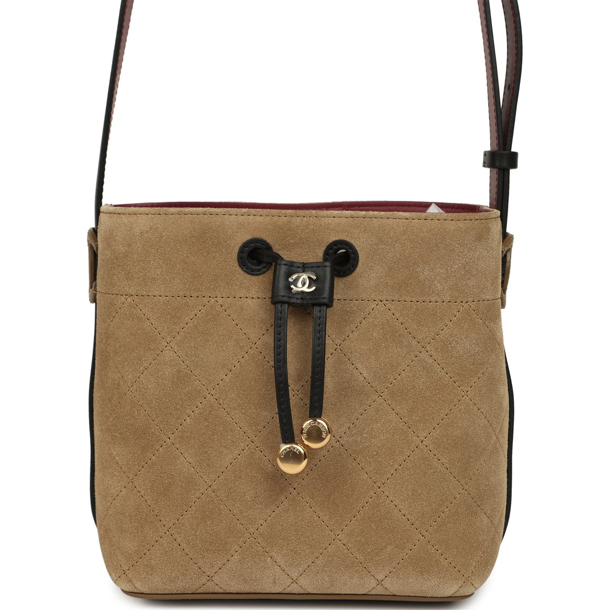 Chanel "CC Loop" Drawstring Bucket Bag with Leather Strap Dark Beige Suede, Black Leather Gold Hardware