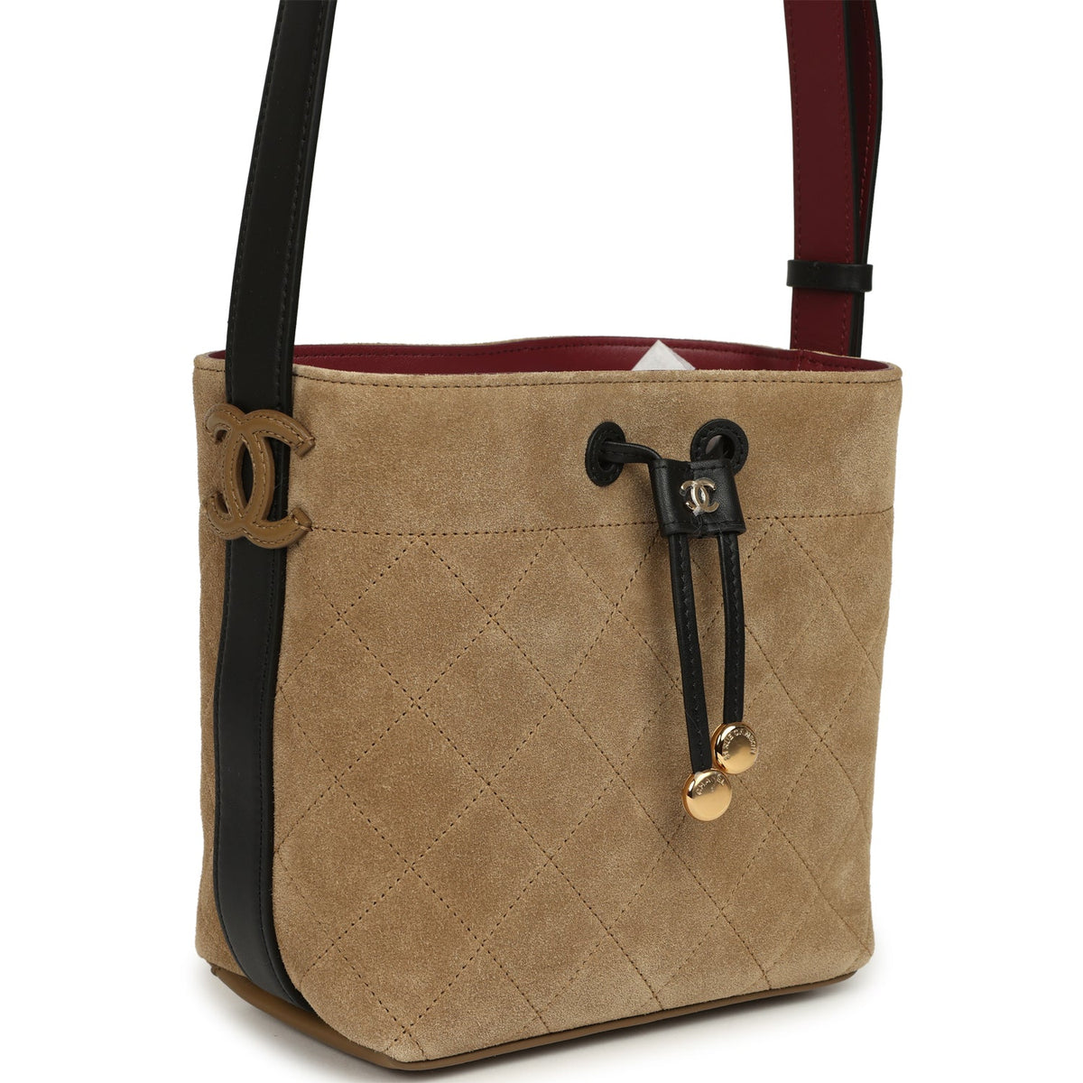 Chanel "CC Loop" Drawstring Bucket Bag with Leather Strap Dark Beige Suede, Black Leather Gold Hardware