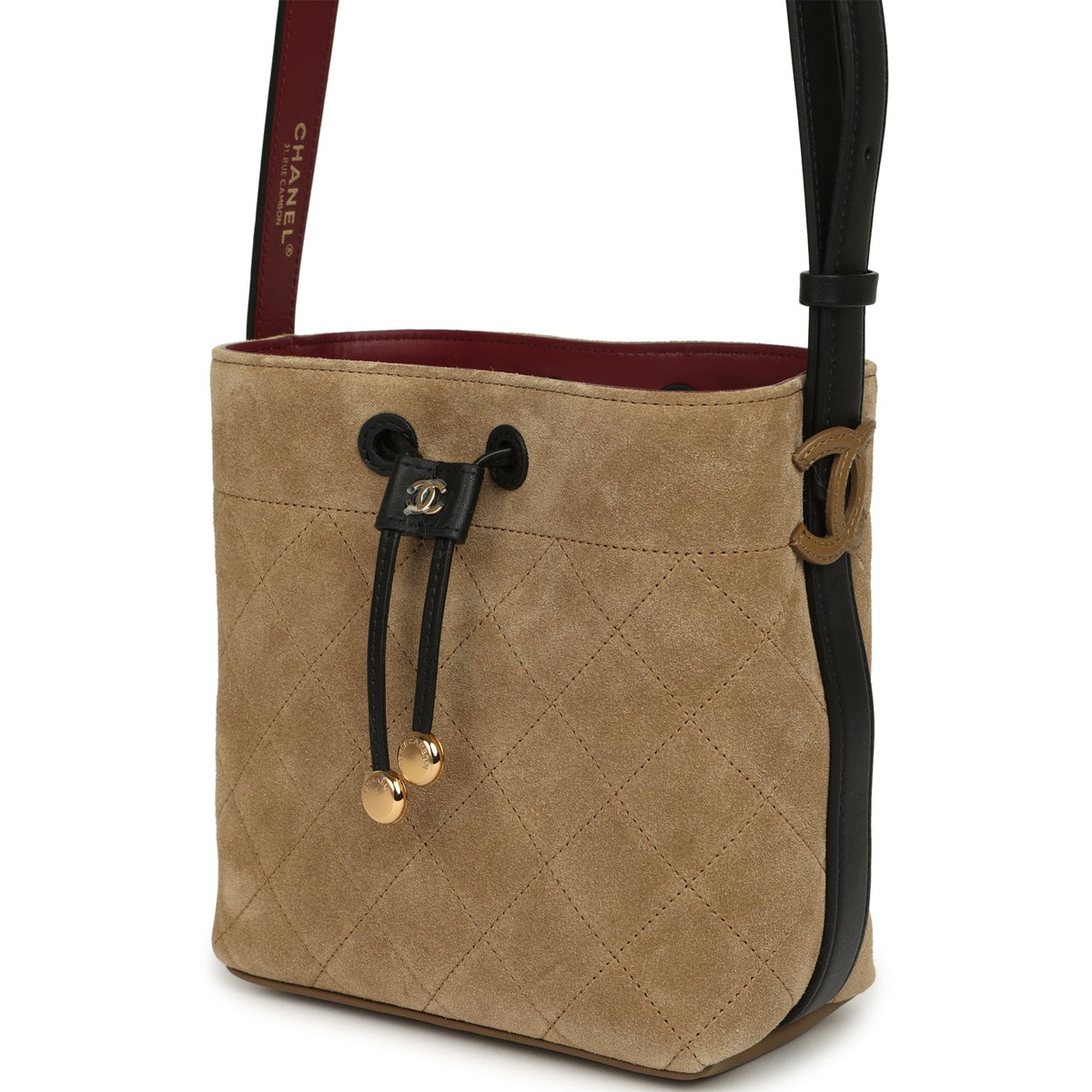 Chanel "CC Loop" Drawstring Bucket Bag with Leather Strap Dark Beige Suede, Black Leather Gold Hardware
