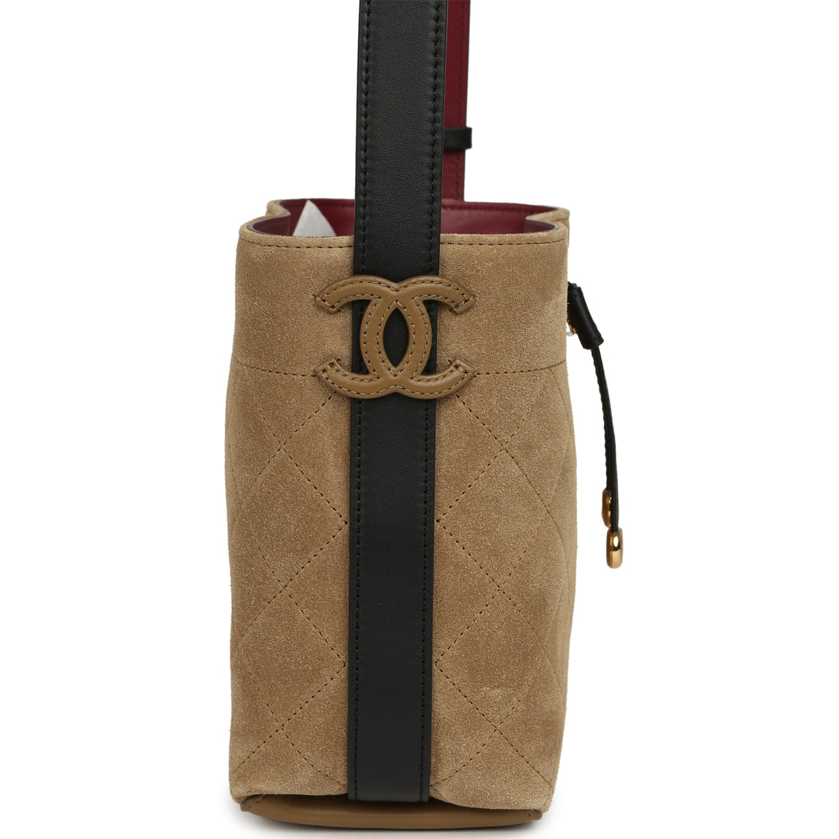 Chanel "CC Loop" Drawstring Bucket Bag with Leather Strap Dark Beige Suede, Black Leather Gold Hardware
