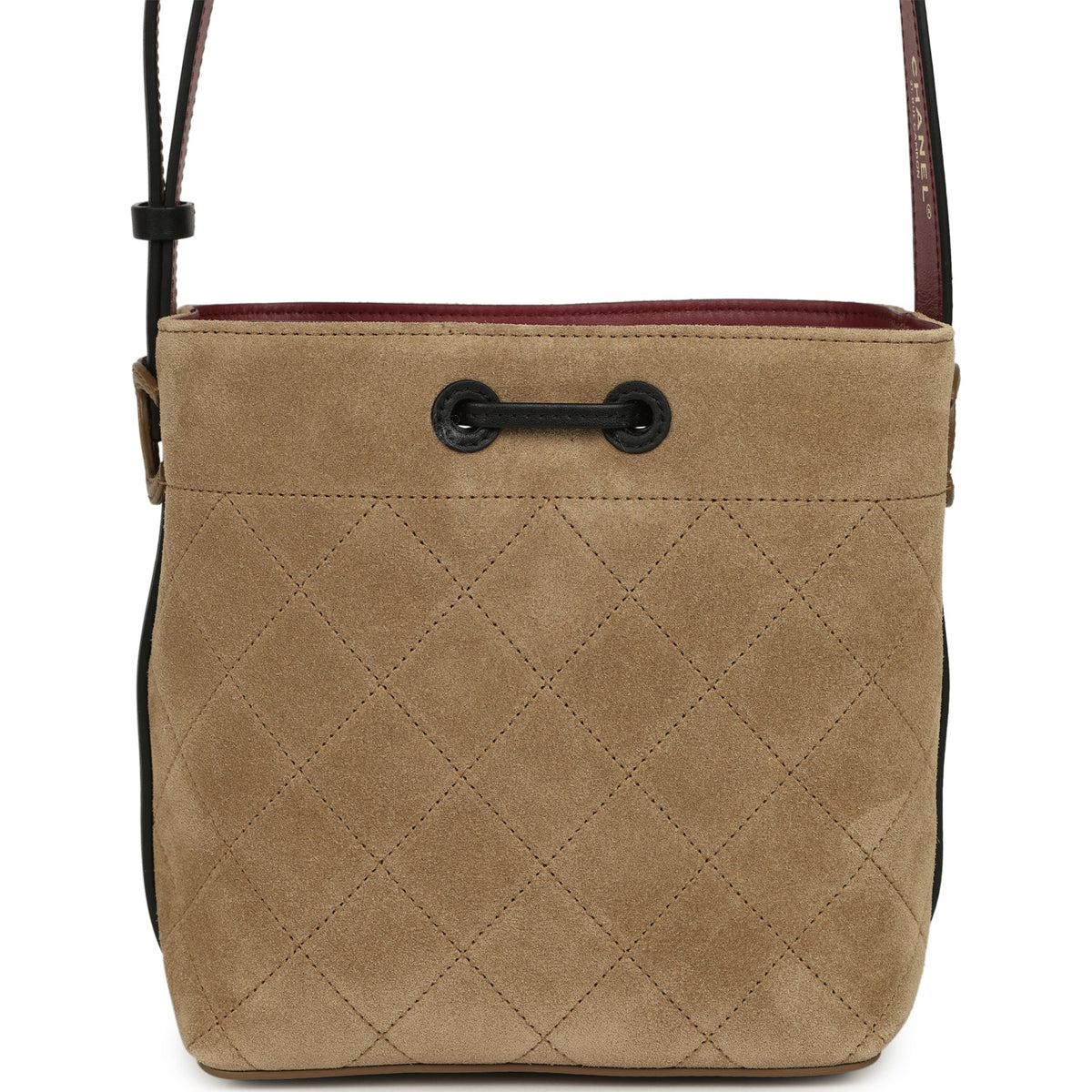 Chanel "CC Loop" Drawstring Bucket Bag with Leather Strap Dark Beige Suede, Black Leather Gold Hardware