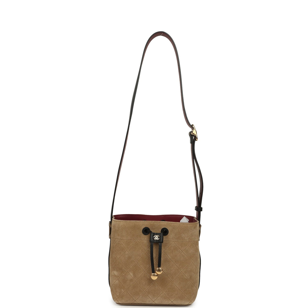 Chanel "CC Loop" Drawstring Bucket Bag with Leather Strap Dark Beige Suede, Black Leather Gold Hardware