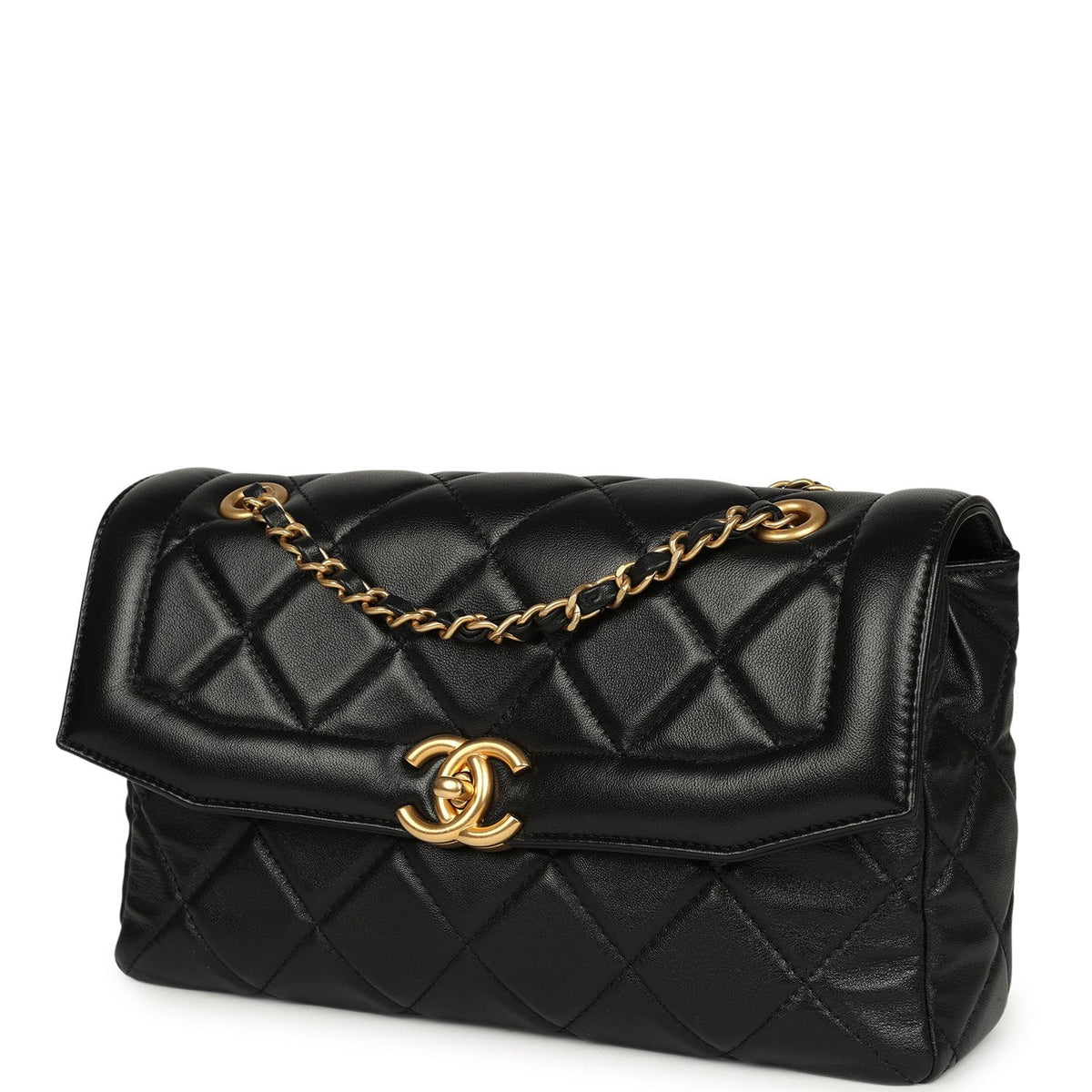 Chanel Medium Flap Bag Black Shiny Lambskin Antique Gold Hardware