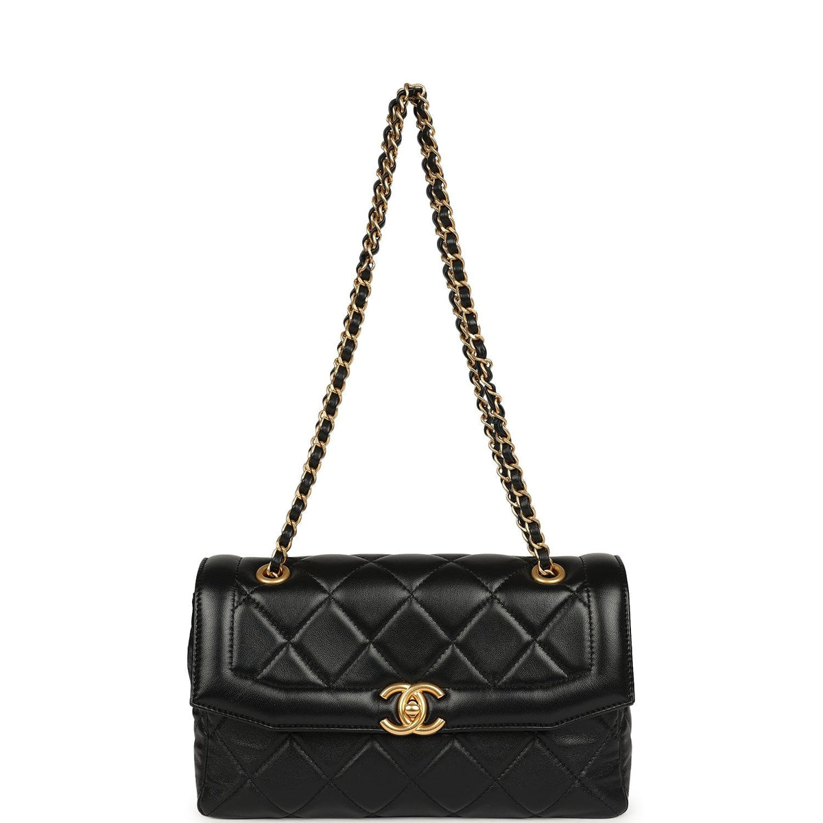 Chanel Medium Flap Bag Black Shiny Lambskin Antique Gold Hardware