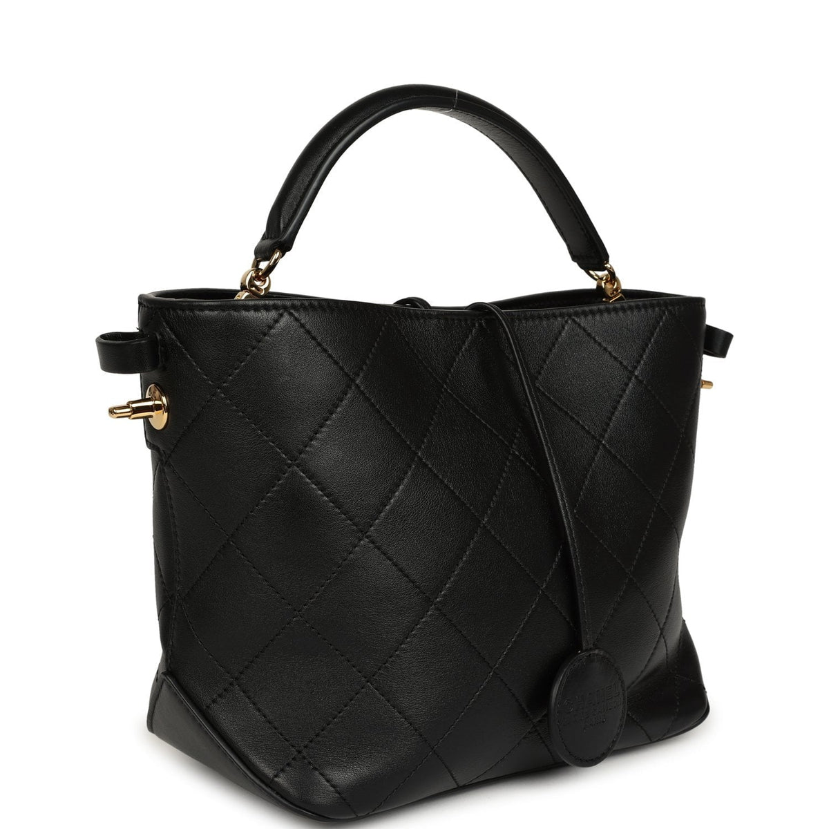 Pre-owned Chanel Top Handle Bucket Bag Black Calfskin Gold Hardware