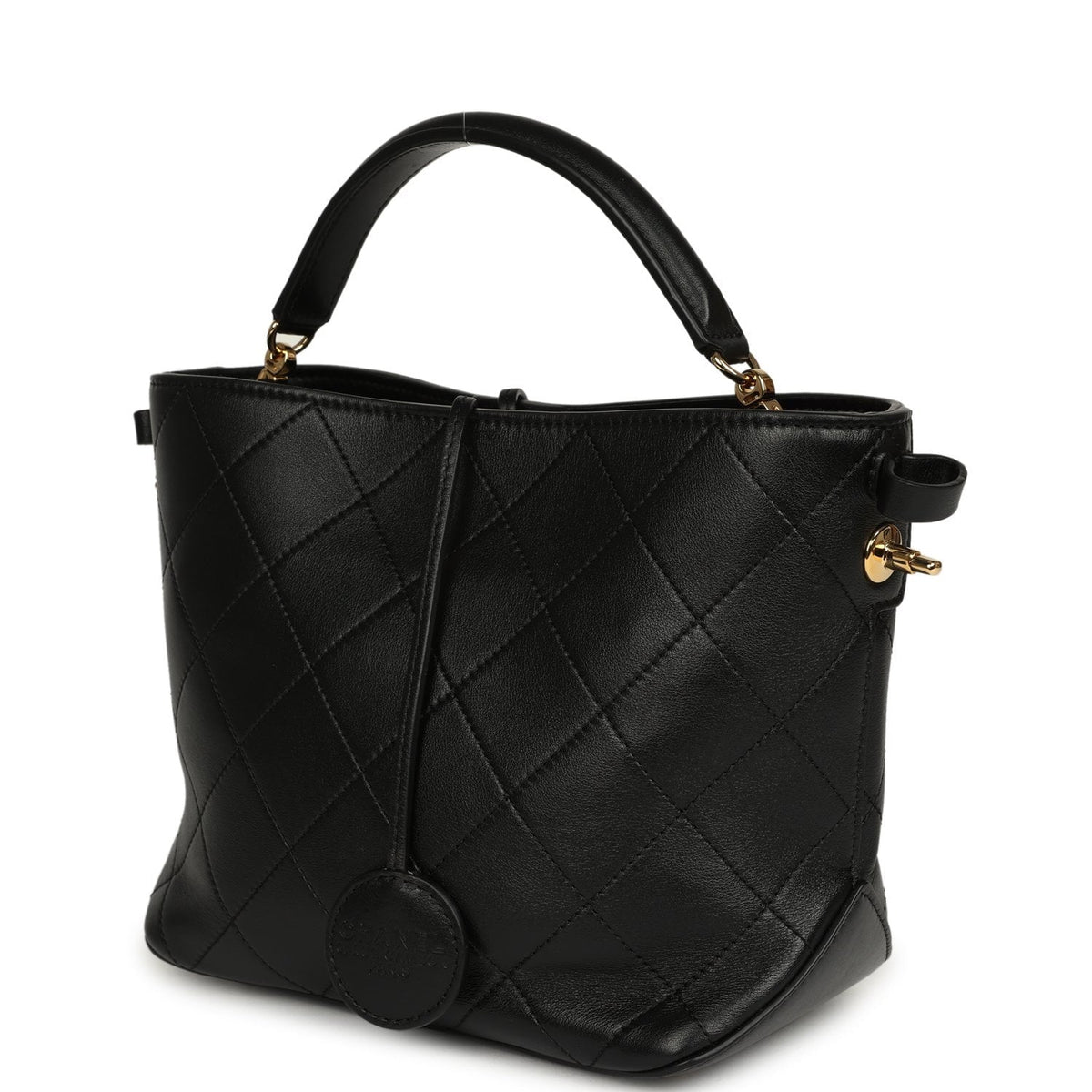 Pre-owned Chanel Top Handle Bucket Bag Black Calfskin Gold Hardware