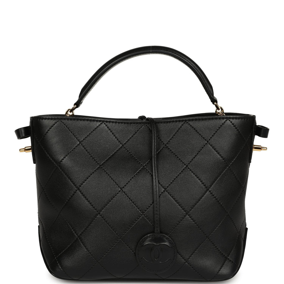 Pre-owned Chanel Top Handle Bucket Bag Black Calfskin Gold Hardware