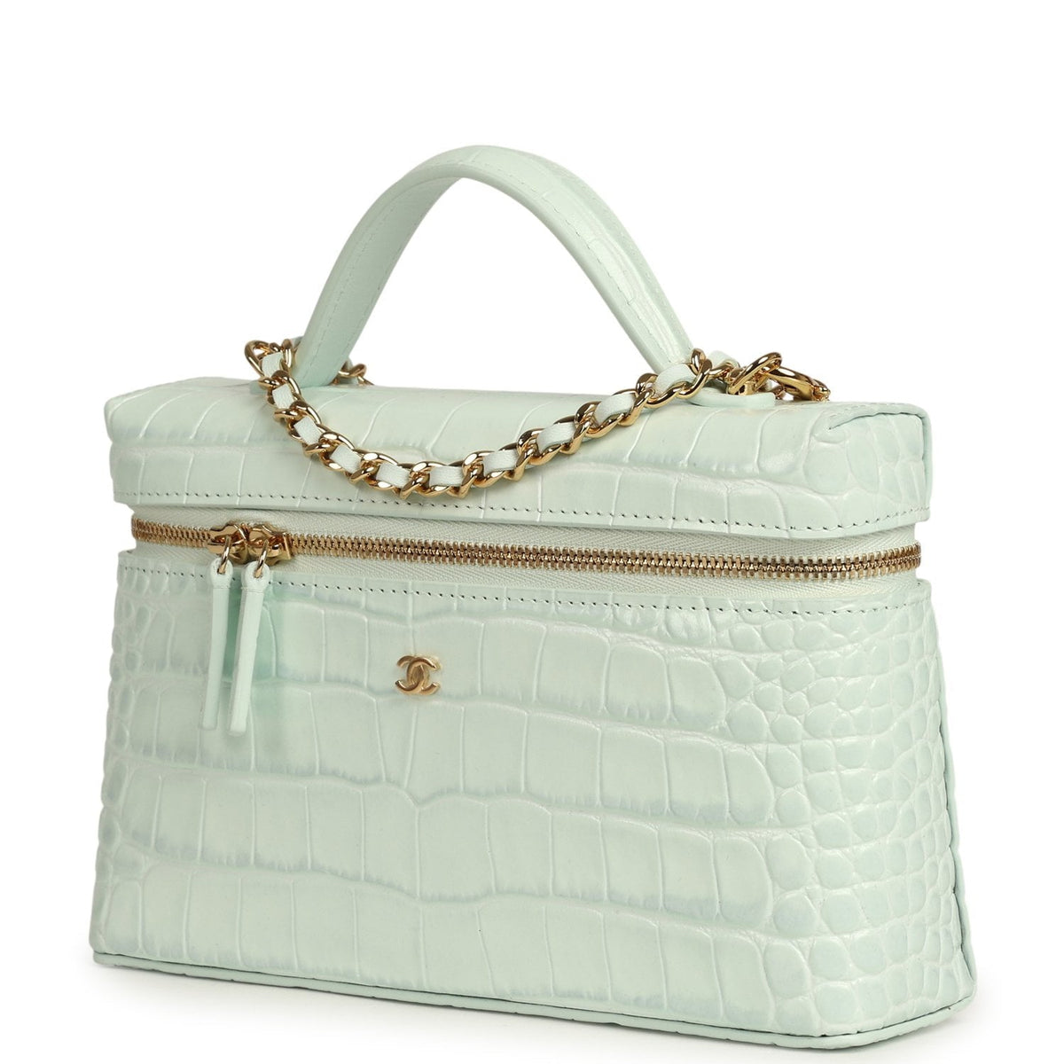 Chanel Top Handle Long Vanity Case with Chain Light Blue Croc Embossed Calfskin Gold Hardware