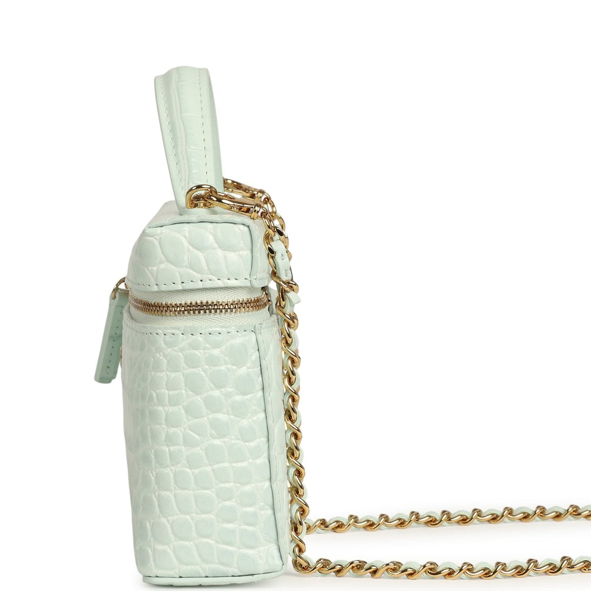 Chanel Top Handle Long Vanity Case with Chain Light Blue Croc Embossed Calfskin Gold Hardware
