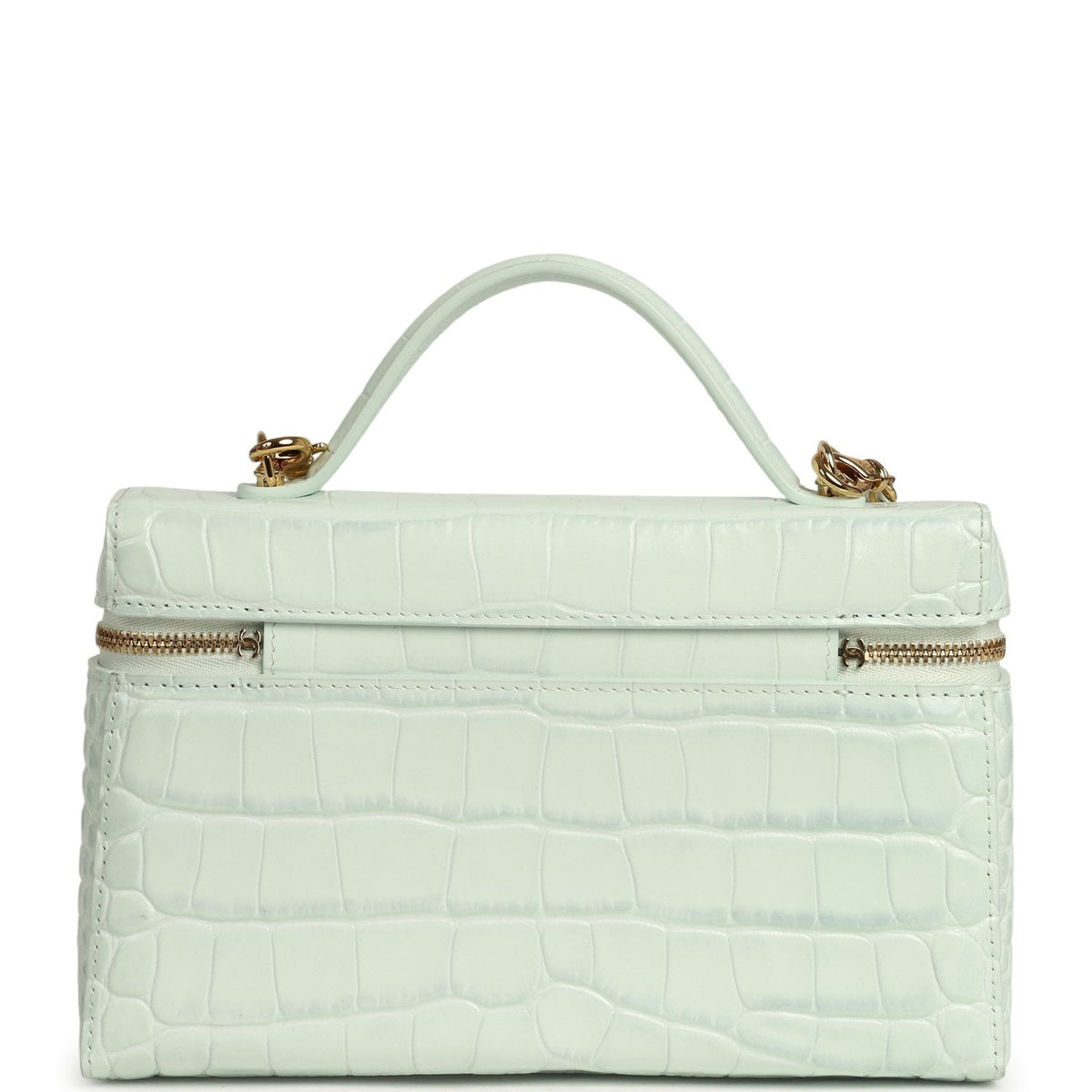 Chanel Top Handle Long Vanity Case with Chain Light Blue Croc Embossed Calfskin Gold Hardware