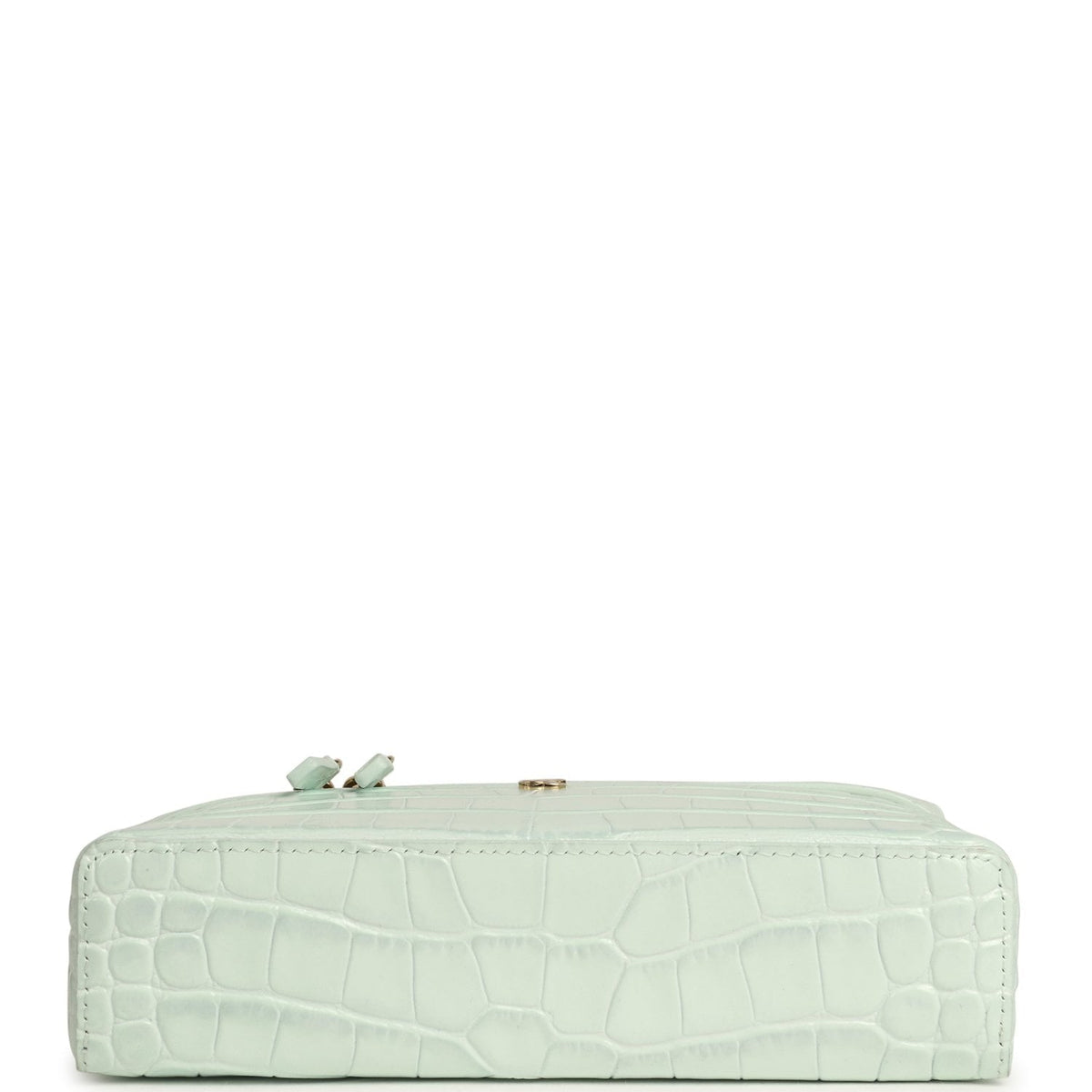 Chanel Top Handle Long Vanity Case with Chain Light Blue Croc Embossed Calfskin Gold Hardware