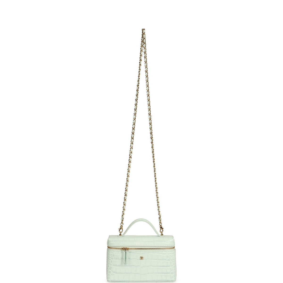 Chanel Top Handle Long Vanity Case with Chain Light Blue Croc Embossed Calfskin Gold Hardware