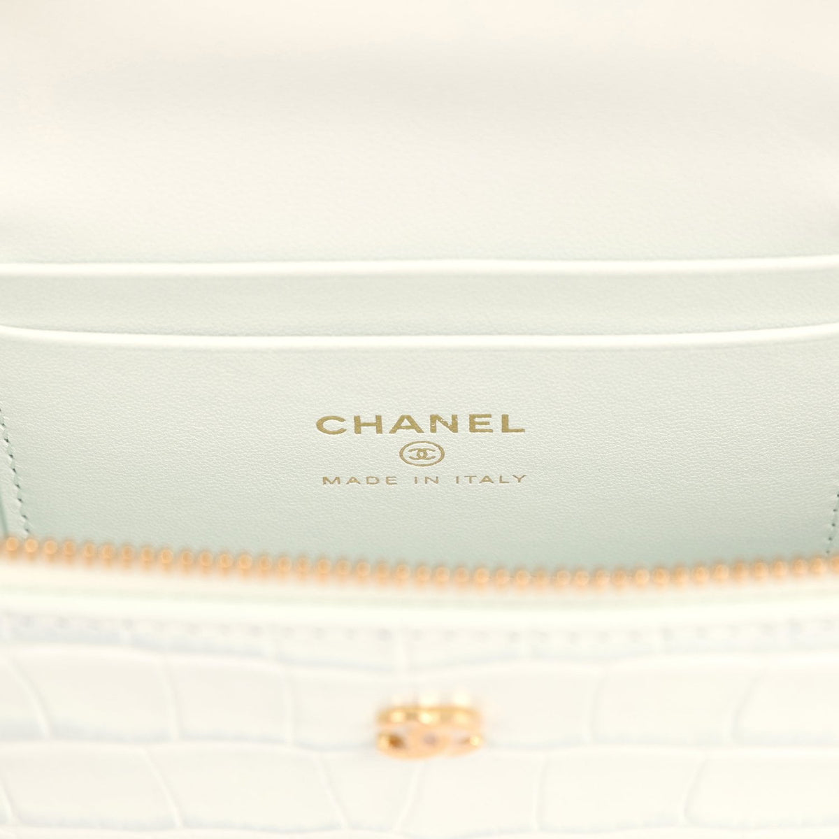 Chanel Top Handle Long Vanity Case with Chain Light Blue Croc Embossed Calfskin Gold Hardware