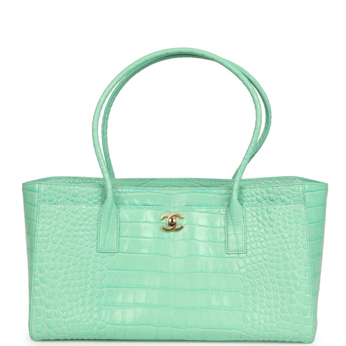 Chanel Small Cerf Shopping Bag Teal Croc Embossed Calfskin Gold Hardware
